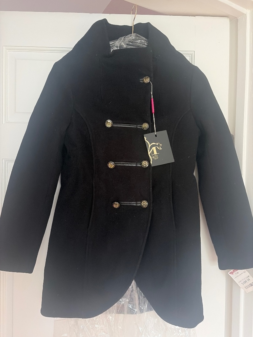 NWT Mackage Wool Double-Breasted Pea Coat Black Gold Crest Buttons - Size XS